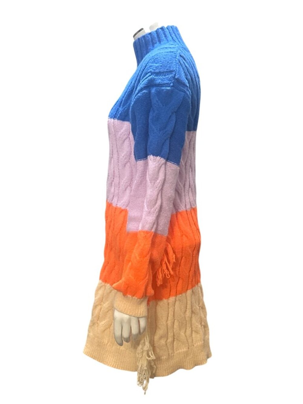 Daisy Size M Blue Pink Orange Fringe Cable Knit Turtleneck Sweater Dress Slouchy - Picture 3 of 12